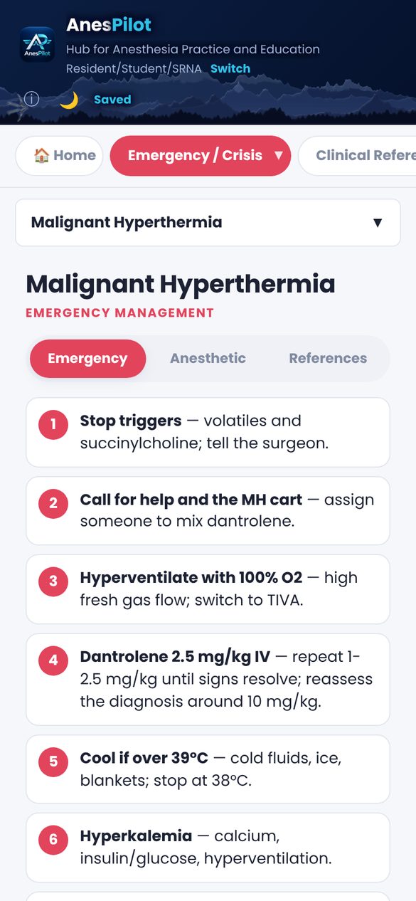 AnesPilot screen: Emergency checklists
